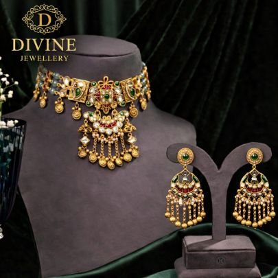 Royal Kundan Choker Necklace Set with Meenakari Work & Multi Drop Hangings | 92.5 Silver Gold Plated Bridal Jewellery by Divine Jewellery