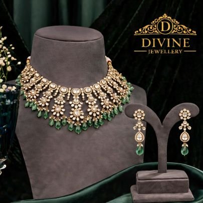 Royal Kundan Choker Necklace Set with Emerald Drops in 92.5 Silver Gold Plated | Divine Jewellery