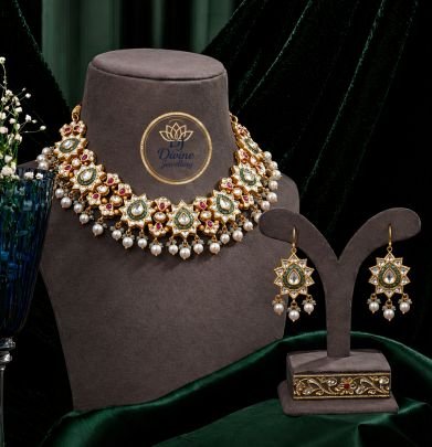 Royal Kundan Choker Necklace Set with Pearl Drops & Star Motif Design – 92.5 Silver Gold Plated