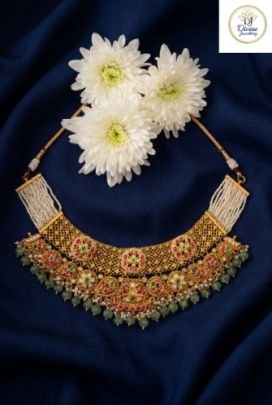 Royal Kundan Meenakari Choker Necklace with Pearl & Emerald Drops in 92.5 Silver with Gold Plating