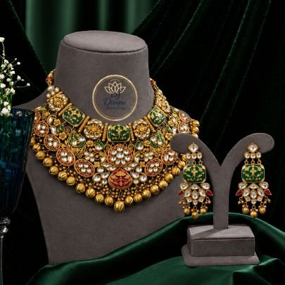 Royal Kundan Meenakari Choker Necklace Set with Green Panels – 92.5 Silver Gold Plated Jewellery
