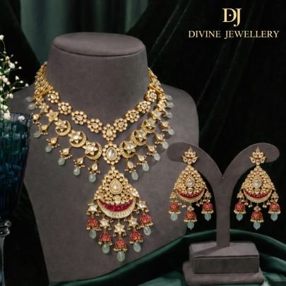 Royal Kundan Necklace Set with Crescent Motif Pendant & Jhumka Drops | 92.5 Silver Gold Plated Bridal Jewellery by Divine Jewellery
