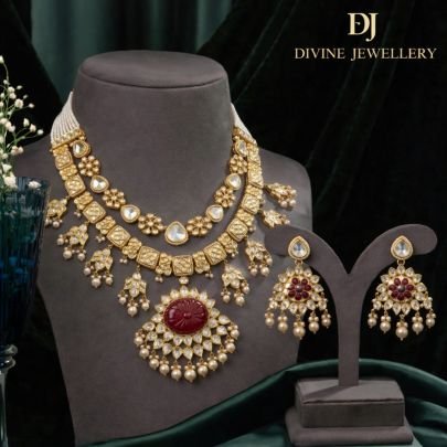 Royal Kundan Necklace Set with Ruby Red Center Pendant & Pearl Drops | 92.5 Silver Gold Plated Bridal Jewellery by Divine Jewellery