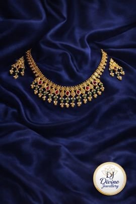 Royal Kundan Necklace Set with Green Drops – 92.5 Silver Gold Plated Traditional Choker Set
