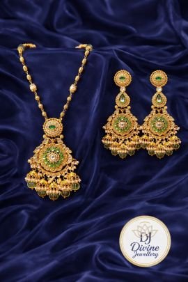 Royal Kundan Pendant Necklace with Green Stones & Pearl Danglings & Earrings – 92.5 Silver Gold Plated Long Necklace