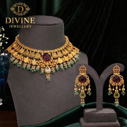 Royal Kundan Polki Choker Necklace Set with Carved Stone & Green Drops | 92.5 Silver Gold Plated Jewellery by Divine Jewellery