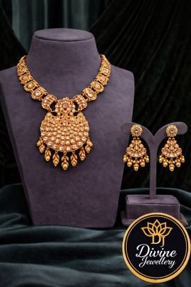 Royal Kundan Statement Necklace Set with Intricate Pendant & Drop Detailing – 92.5 Silver Gold Plated