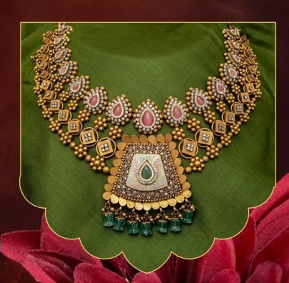 Royal Kundan Teardrop Statement Necklace with Green Bead Drops – 92.5 Silver Gold Plated Bridal Jewellery | Divine Jewellery
