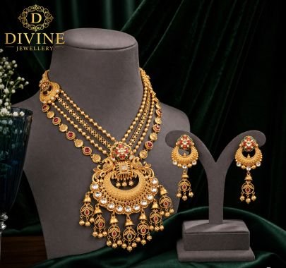 Royal Layered Temple Necklace Set with Chand Pendant & Jhumka Drops | 92.5 Silver Gold Plated Jewellery by Divine Jewellery