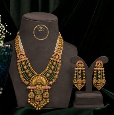 Royal Layered Temple Necklace Set with Green Beads & Long Statement Earrings for Women | Divine Jewellery