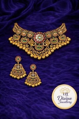 Royal Meenakari Temple Choker Necklace Set with Statement Earrings – 92.5 Silver Gold Plated Bridal Jewellery