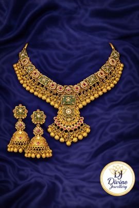Royal Meenakari Temple Necklace Set with Statement Jhumka Earrings – 92.5 Silver Gold Plated Heritage Jewellery