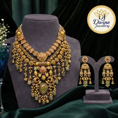 Royal Multi-Layer Antique Bridal Necklace Set with Green Drops – 92.5 Silver Gold Plated