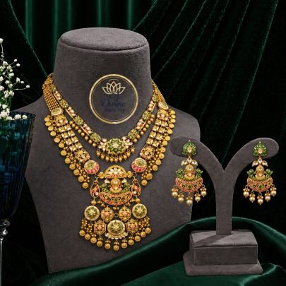 Royal Multi-Layer Bridal Haram Necklace Set with Temple Pendant & Green-Pink Stone Work – 92.5 Silver Gold Plated