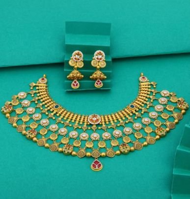 Royal Multi Layer Coin Temple Choker Necklace 92.5 Silver Gold-Plated Set with Kundan Stones and Earrings