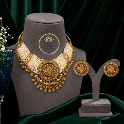 Royal Multi-Layer Pearl Choker Necklace Set with Antique Statement Pendant – 92.5 Silver Gold Plated