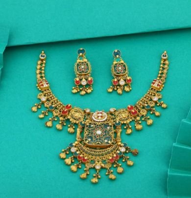 Royal Peacock Temple Choker Necklace 92.5 Silver Gold-Plated Set with Kundan Stones and Earrings