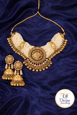 Royal Pearl Choker Necklace Set with Temple Pendant & Jhumka Earrings – 92.5 Silver Gold Plated Bridal Jewellery