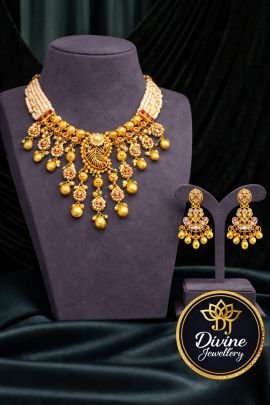 Royal Pearl Choker Necklace Set with Kundan Drops & Statement Centerpiece – 92.5 Silver Gold Plated