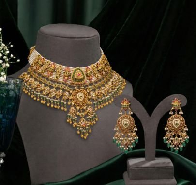 Royal Pearl Choker Temple Necklace Set with Kundan & Green Drop Detailing – 92.5 Silver Gold Plated Bridal Jewellery | Divine Jewellery