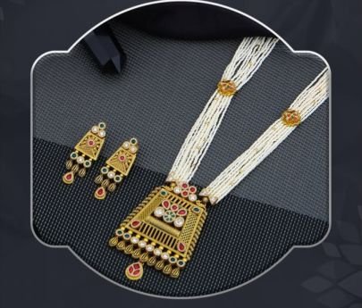 Royal Pearl Temple Long Necklace 92.5 Silver Gold-Plated Set with Kundan Pendant and Earrings