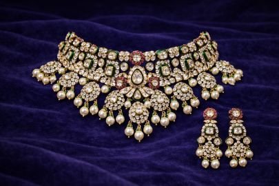 Royal Polki Pearl Bridal Choker Necklace Set with Emerald Accents – 92.5 Silver Gold Plated Jewellery