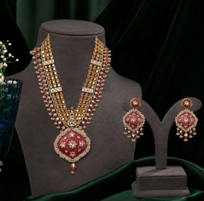 Royal Ruby Antique Necklace Set with Matching Earrings | 92.5 Silver Gold Plated Traditional Bridal Jewellery