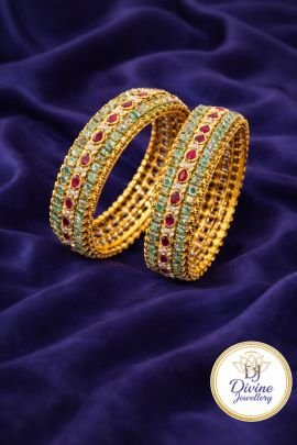 Royal Ruby Emerald Kundan Bangles Pair – 92.5 Silver Gold Plated Traditional Bridal Bangles