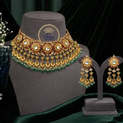 Royal Stone Temple Choker Necklace Set with Jhumka Earrings – 92.5 Silver Gold Plated Bridal Jewellery