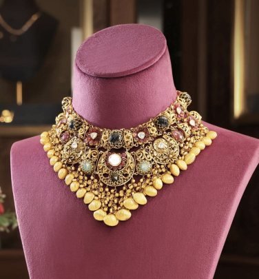 Royal Temple Antique Choker Necklace with Multi-Stone Detailing – 92.5 Silver Gold Plated Bridal Jewellery | Divine Jewellery