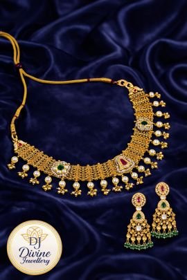 Royal Temple Choker Necklace Set with Kundan, Ruby & Emerald Accents – 92.5 Silver Gold Plated Bridal Jewellery