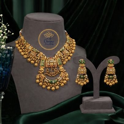 Royal Temple Choker Necklace Set with Jhumka Earrings – 92.5 Silver Gold Plated Antique Bridal Jewellery