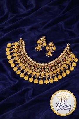 Royal Temple Coin Choker Necklace Set with Earrings – 92.5 Silver Gold Plated Bridal Jewellery
