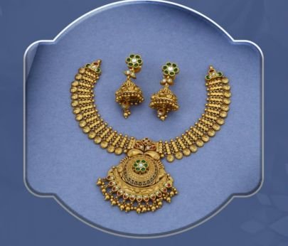 Royal Temple Coin Design 92.5 Silver Gold-Plated Necklace Set with Green Stone Jhumka Earrings