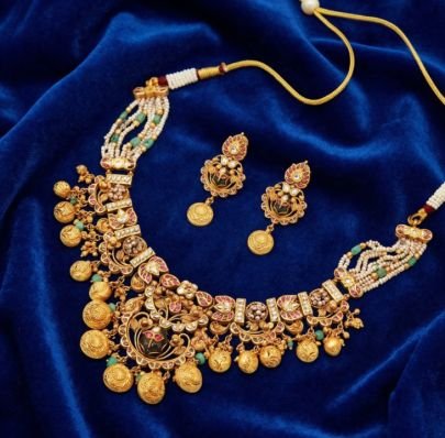 Royal Temple Coin Necklace Set with Ruby & Emerald Accents – 92.5 Silver Gold Plated Bridal Jewellery