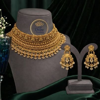 Royal Temple Design Choker Necklace Set with Pearl Drops & Lakshmi Motif – 92.5 Silver Gold Plated Bridal Jewellery