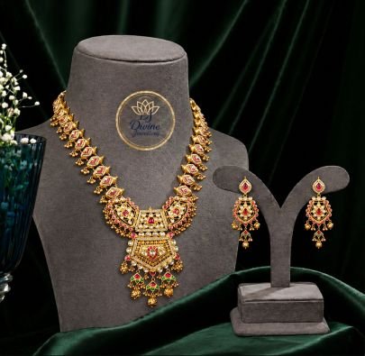 Royal Temple Design Long Necklace Set with Kundan Stones & Meenakari Work – 92.5 Silver Gold Plated Bridal Jewellery