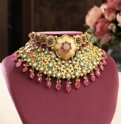 Royal Temple Floral Choker Necklace with Pink Drops & Green Stones – 92.5 Silver Gold Plated Bridal Jewellery | Divine Jewellery