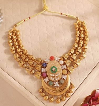 Royal Temple Floral Statement Necklace with Multi-Color Stones – 92.5 Silver Gold Plated Traditional Jewellery | Divine Jewellery