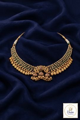 Royal Temple Green Beaded Jhumka Choker Necklace in Antique Gold Finish | 92.5 Silver | Divine Jewellery