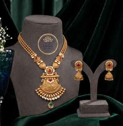 Royal Temple Jhumka Necklace Set with Earrings in 92.5 Silver Gold Plated | Traditional Bridal Statement Jewellery – Divine Jewellery