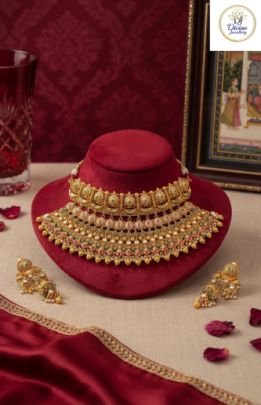 Royal Temple Lakshmi Bridal Choker Necklace Set in 92.5 Silver with Gold Plating & Kundan Work