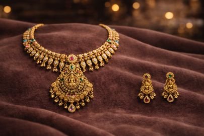 Royal Temple Lakshmi Necklace Set with Ruby & Emerald Stones – 92.5 Silver Gold Plated Bridal Jewellery