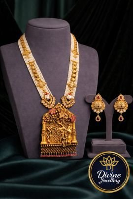 Royal Temple Long Necklace Set with Pearl Strands & Carved Pendant – 92.5 Silver Gold Plated