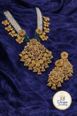 Royal Temple Long Pendant Necklace Set with Jhumka Earrings – 92.5 Silver Gold Plated Heritage Jewellery