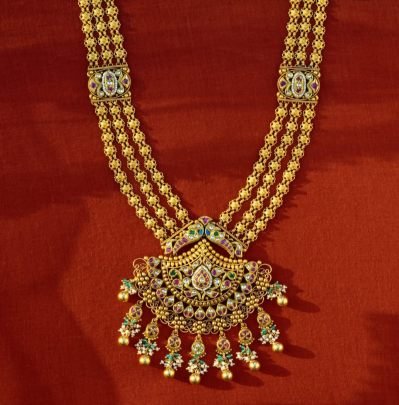 Royal Temple Multi-Layer Necklace with Statement Pendant – 92.5 Silver Gold Plated Bridal Jewellery | Divine Jewellery