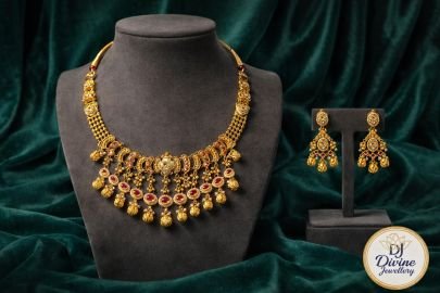 Royal Temple Necklace Set with Kundan & Ruby Stones – 92.5 Silver Gold Plated Short Necklace with Earrings