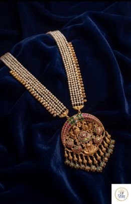 Royal Temple Pearl Long Necklace with Antique Pendant | 92.5 Silver Gold Plated | Divine Jewellery