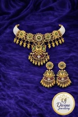 Royal Temple Pendant Choker Necklace Set with Jhumka Earrings – 92.5 Silver Gold Plated Bridal Jewellery