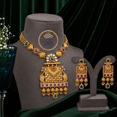 Royal Temple Pendant Necklace Set with Earrings in 92.5 Silver Gold Plated | Antique Bridal Statement Jewellery – Divine Jewellery